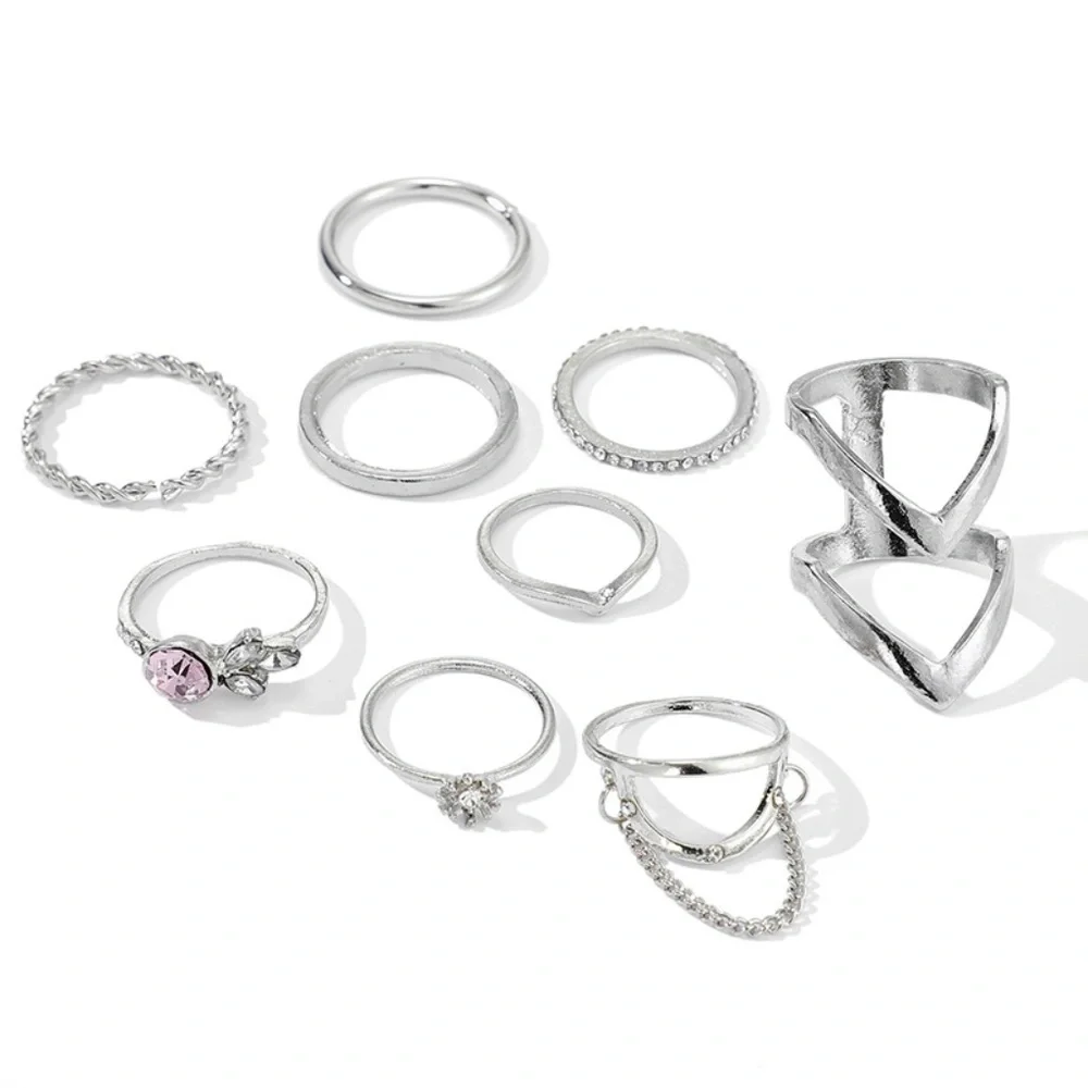 *CONSTANCE* 9-Pc Silver Chain Fashion Ring Set